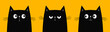 © worldofvector - Black cat kitten kitty icon set. Cute kawaii cartoon character. Sad, angry, happy, surprised emotion. Valentines Day. Greeting card, banner, tshirt, sticker print. Yellow background Flat design Vector