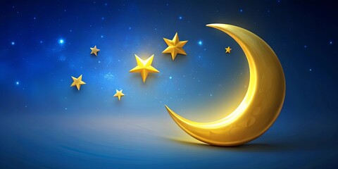 Wall Mural - of a yellow crescent moon with stars on its sides on a blue backdrop, with a blue sky in the distance
