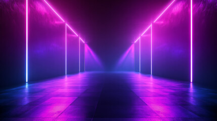 This high-quality photo features a 3D rendering of an abstract psychedelic background illuminated by vibrant neon lights and glowing lines. The scene is bathed in ultraviolet hues, creating a mesmeriz