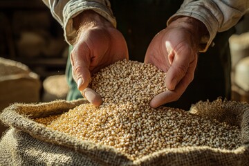 Wall Mural - a pair of hands gently reaching into a brown sack of fresh corn