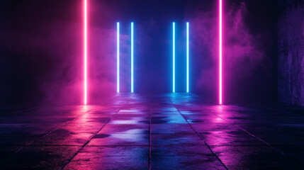 This high-quality photo features a 3D rendering of an abstract psychedelic background illuminated by vibrant neon lights and glowing lines. The scene is bathed in ultraviolet hues, creating a mesmeriz