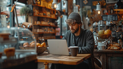 Wall Mural - A man on a business trip or vacation takes a coffee break in a busy cafe, working on his laptop. Generative AI.