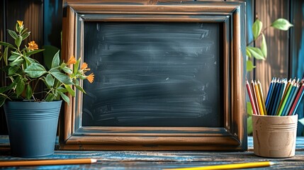 Blank blackboard on classroom wall and pencils on a desk. Generative AI.