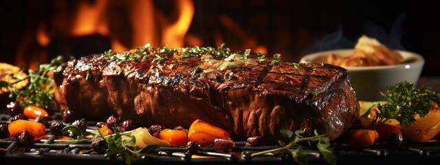 Wall Mural - Grilled meat steak on stainless grill depot with flames on dark background. Food and cuisine concept.