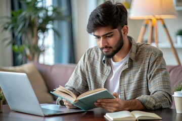 An Indian male student studying with open books and study materials on a table.
