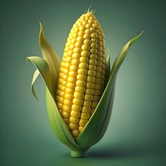 A 3D rendering of a sweet corn cob. with vibrant yellow kernels and lush green husks.