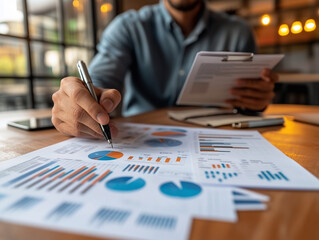 Entrepreneur reviewing a detailed business plan with graphs and charts, business strategy visualizat