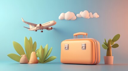 Vibrant travel scene with a suitcase, airplane, and decorative plants, embodying the spirit of adventure and exploration.