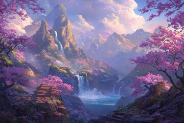 Wall Mural - Fantastical Enchanted Forest Landscape with Cascading Waterfall