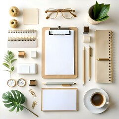 Sticker - A flat lay of a minimalist workspace with a clipboard. notepad. pens. coffee cup. and other office supplies.