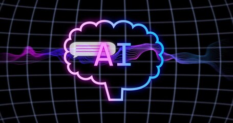 Poster - AI text inside neon brain outline with data waves over grid background