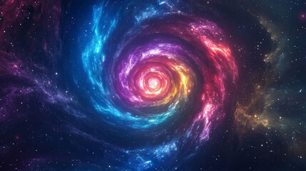 In this abstract image, a dark starry sky serves as the backdrop for a glowing, multicolored cosmic vortex. The swirling vortex radiates vibrant hues, creating a dynamic contrast with the deep, celest