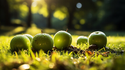 Wall Mural - Green apples are on the grass, farm, garden. Autumn background, photo.