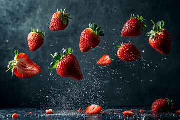 Food photography studio, dark background, strawberry floating in the air Some parts fell to the ground.