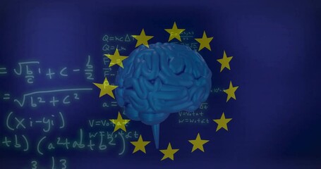Poster - Brain model and mathematical equations over European Union flag
