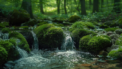 Poster - Beautiful green, mossy rocks with flowing water in the forest. Generative AI.