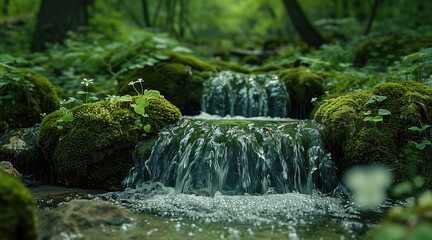 Poster - Beautiful green, mossy rocks with flowing water in the forest. Generative AI.