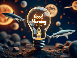 Sharks in space on the moon with a light bulb glowing filament spells out “Good Morning” 3d planets solar system graphic design 