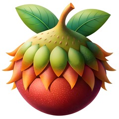 A whimsical 3D illustration of a sapodilla fruit with a stylized design featuring vibrant colors and a textured surface.