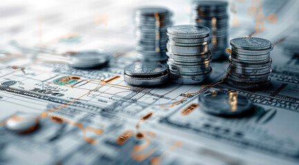 Aufkleber - Abstract blueprint or architectural design made up of currency symbols, coins, and financial charts, representing the planning aspect of wealth management. Generative AI.