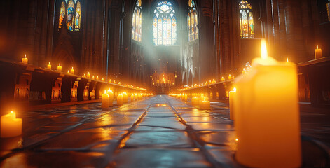 Church, light, candle. Generative AI.