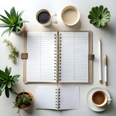 Wall Mural - A flat lay of a clean and minimalist workspace featuring a notebook. coffee. pens. and potted plants.