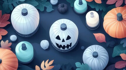 Halloween party with ornate lantern centerpieces flat design top view eerie theme animation Triadic Color Scheme