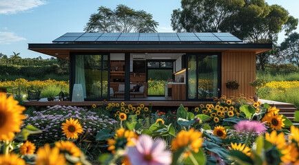 Aufkleber - Modern tiny prefab with flat roof solar panels, sunflower field in the background. Generative AI.