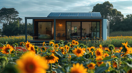 Aufkleber - Modern tiny prefab with flat roof solar panels, sunflower field in the background. Generative AI.