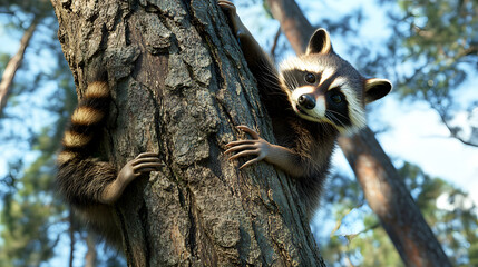 raccoon climbing a tall tree, its sharp claws gripping the bark as it ascends