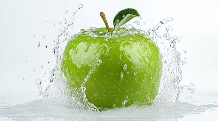 green apple with water splash isolated on white background