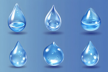 Realistic water droplets vector style set isolated on blue background