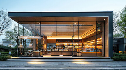 Poster - Beverage shop entrance design, with a glass curtain wall. Generative AI.