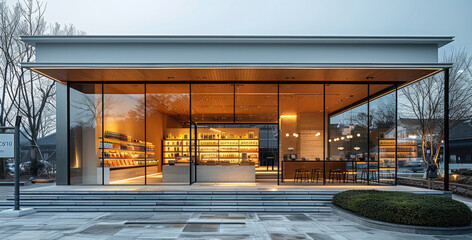 Poster - Beverage shop entrance design, with a glass curtain wall. Generative AI.