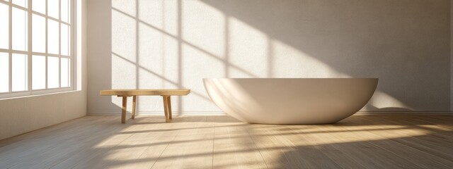 Poster - 3D rendering of a modern bathroom with empty wooden table and flooring