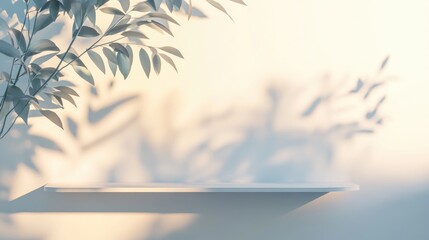 Poster - Minimalist white wall featuring a glass shelf for product display Unoccupied space showcasing tree leaf shadows 3D rendering of a room background with ample copy space