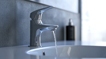 Fototapete - 3D rendering of a modern faucet featuring a charming water droplet
