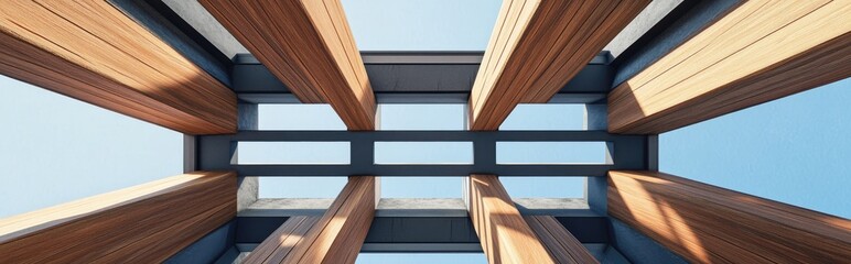 Wall Mural - 3D rendering of a vertical perspective looking up at a pavilion roof featuring brown wooden planks and gray frames