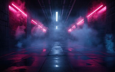 Poster - 3D rendering of an empty background scene featuring dark street reflections on wet asphalt with neon light rays shapes and smoke creating an abstract dark atmosphere