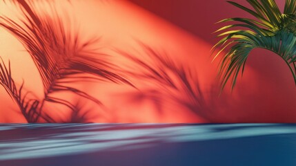 Poster - 3D rendering of a modern colored background featuring palm shadows on a blue table with a vibrant red backdrop creating a stylish interior studio scene for upscale product display