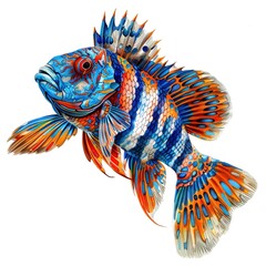 Sticker - a colorful fish with blue and orange stripes isolated on white background