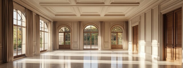 Poster - 3D rendering of an interior view of a room in a mansion showcasing a vacant space
