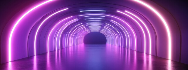 Poster - 3D rendering of an abstract ultraviolet light tunnel featuring laser lines with a violet and pink gradient Modern neon lights create an empty stage with spotlights