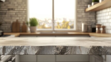 Poster - 3D rendering of a stone tabletop with a blurred kitchen interior background ideal for displaying or showcasing products