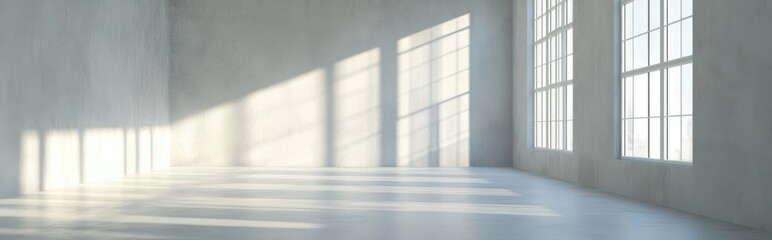 Poster - 3D rendering of a minimalist interior design featuring an empty room with windows showcasing abstract architectural elements