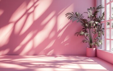 Sticker - 3D rendering of a studio style background wall decoration featuring pink tones enhanced by shadows from a nearby window creating a decorative backdrop concept