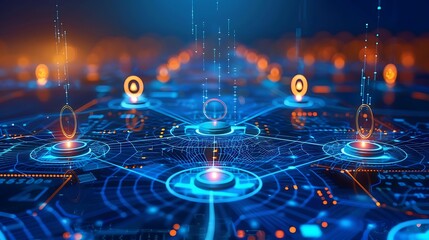 Poster - Abstract Illustration of digital network map with bright blue orange node lines for Information flow connection concept.