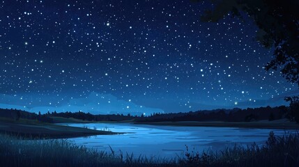 Poster - Mesmerizing starry sky over a rural landscape by the lake in a 3D cartoon rendering