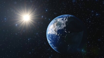 Poster - 3D cartoon depiction of Earth in space with a blue sky dark stars and the sun
