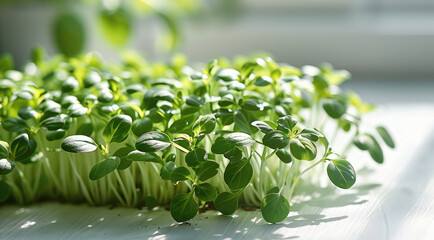 Leinwandbilder - Basil micro greens on light background, soft shadows cast by them. Generative AI.